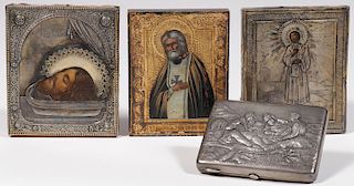 THREE RUSSIAN ICONS AND SILVER CASE, CIRCA 1890