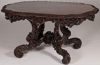 CARVED FLAME MAHOGANY PARLOR TABLE 19TH C
