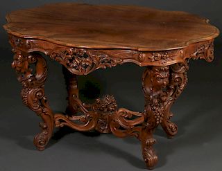 FINE CONTINENTAL CARVED WALNUT PARLOR TABLE 19 C