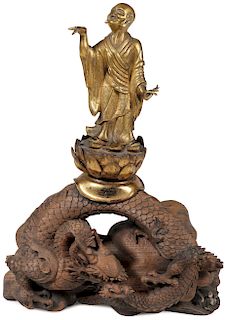 CHINESE GILT BRONZE FIGURE OF A LOHAN, QING