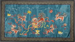 FIVE LARGE CHINESE SILK EMBROIDERED PANELS