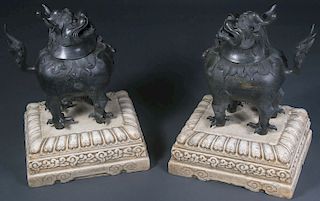 PAIR OF LARGE CHINESE BRONZE FOO LIONS