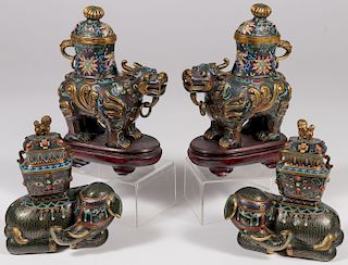 A PAIR OF CHINESE CLOISONN&#201; LIDDED ANIMAL FIGURES