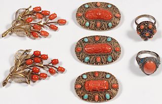 A GROUP OF CHINESE CORAL AND GILT SILVER JEWELRY