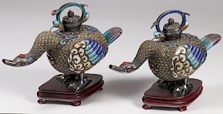 PAIR OF CHINESE SILVER AND ENAMEL LIDDED DUCK