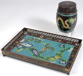 A CHINESE CLOISONN&#201; TRAY AND TEA CADDY