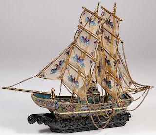 A CHINESE ENAMEL, FILLIGREE, AND GILT METAL BOAT