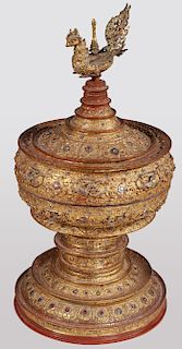 A GILT AND LACQUER BURMESE OFFERING VESSEL