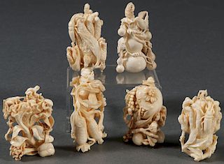 SIX CHINESE CARVED IVORY SNUFF BOTTLES