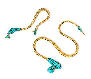 A Yellow Gold, Turquoise, Pink Sapphire and Garnet Serpent Demi-Parure, 28.50 dwts.