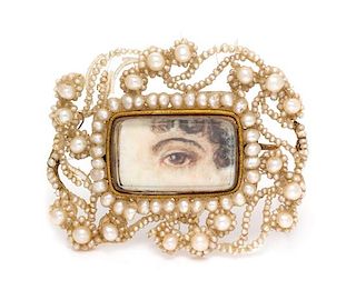* A Georgian Rose Gold, Seed Pearl and Mother-of-Pearl Lover's Eye Brooch, 4.55 dwts.
