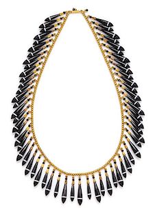 An Etruscan Revival Yellow Gold, Banded Agate and Enamel Fringe Necklace, Tiffany & Co., Circa 1870, 36.00 dwts.