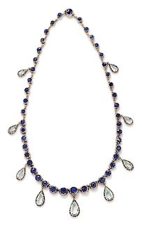 An Antique Silver, Yellow Gold, Sapphire and Aquamarine Fringe Necklace, 30.65 dwts.