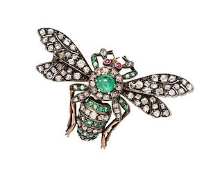 A Silver Topped Yellow Gold, Emerald, Diamond and Ruby Insect Brooch, 7.60 dwts.
