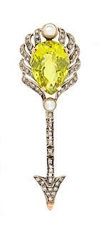 A Silver Topped 18 Karat Gold, Yellow Quartz, Cultured Pearl and Diamond Arrow Brooch, 9.20 dwts.