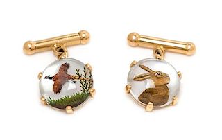 * A Pair of 18 Karat Yellow Gold, Mother-of-Pearl and Essex Crystal Hunting Motif Cufflinks, French, 6.50 dwts.