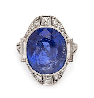 An Art Deco Platinum, Sapphire and Diamond Ring, 5.90 dwts.