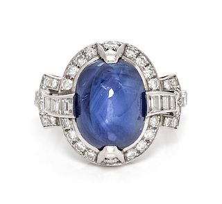 An Art Deco Platinum, Sapphire and Diamond Ring, 5.80 dwts.