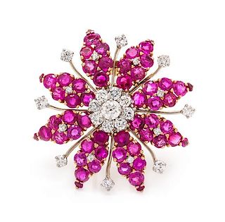 A Rose Gold, Platinum, Ruby and Diamond Brooch, 15.30 dwts.
