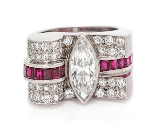 A Retro Platinum, Diamond and Ruby Ring, 10.50 dwts.