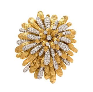 A Yellow Gold, Platinum and Diamond Chrysanthemum Brooch, 36.90 dwts.
