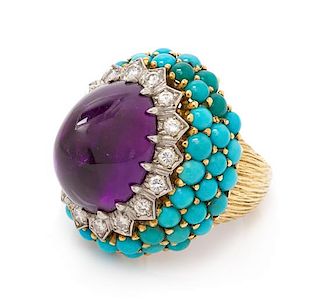 A Yellow Gold, Platinum, Amethyst, Turquoise and Diamond Ring, 16.95 dwts.