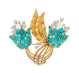 An 18 Karat Yellow Gold, Platinum, Turquoise and Diamond Articulated Flower Brooch, 19.20 dwts.