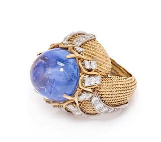 A Yellow Gold, Platinum, Sapphire and Diamond Bombe Ring, 15.80 dwts.