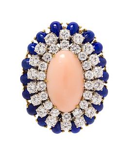 A Bicolor Gold, Angel Skin Coral, Diamond and Lapis Lazuli Pendant/Brooch, 14.40 dwts.
