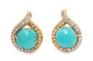 A Pair of 18 Karat Yellow Gold, Platinum, Turquoise and Diamond Earclips, Van Cleef & Arpels, New York, 7.50 dwts.