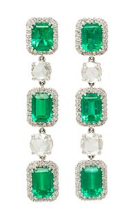 A Pair of White Gold, Emerald and Diamond Drop Earrings, 10.50 dwts.