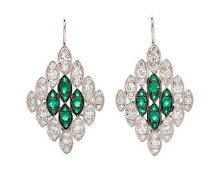 A Pair of 18 Karat White Gold, Diamond and Emerald Earrings, 7.65 dwts.