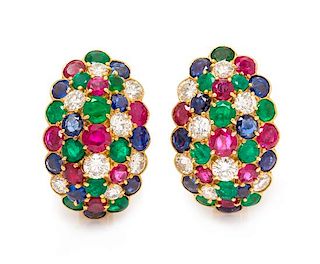 A Pair of Yellow Gold, Diamond, Ruby, Sapphire and Emerald Earclips, Van Cleef & Arpels, New York, 8.75 dwts.