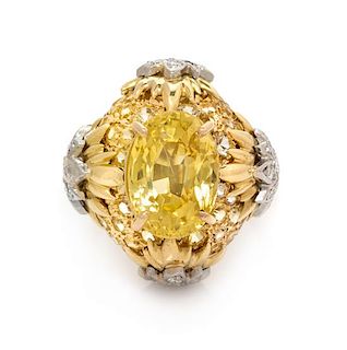 An 18 Karat Yellow Gold, Platinum, Yellow Sapphire and Diamond Ring, 9.70 dwts.