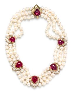 An 18 Karat Yellow Gold, Cultured Pearl, Pink Tourmaline and Diamond Triple Strand Necklace, Montreaux, 85.80 dwts.