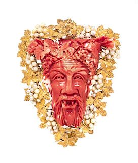 An 18 Karat Yellow Gold, Carved Coral and Cultured Seed Pearl Bacchus Motif Pendant/Brooch, Buccellati, 65.85 dwts.