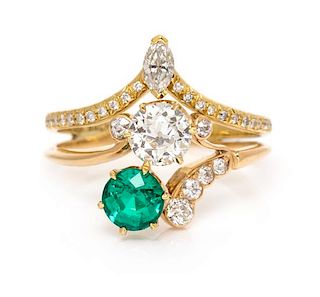 An 18 Karat Yellow Gold, Emerald and Diamond Ring, 2.80 dwts.