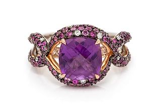 An 18 Karat Bicolor Gold, Amethyst, Diamond and Pink Sapphire Ring, 6.45 dwts.