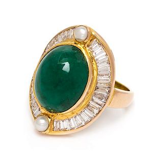 A Yellow Gold, Emerald, Diamond and Cultured Pearl Ring, 6.30 dwts.