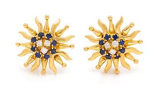 A Pair of 18 Karat Yellow Gold, Diamond and Sapphire Earclips, Tiffany & Co., 10.20 dwts.