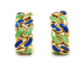 A Pair of 18 Karat Yellow Gold and Polychrome Enamel Hoop Earclips, Bvlgari, 14.35 dwts.