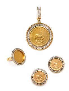 A Bicolor Gold, South African Krugerrand Coin and Diamond Demi-Parure, 61.00 dwts.