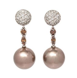 A Pair of White Gold, Cultured Tahitian Pearl, Colored Diamond and Diamond Earrings, 9.60 dwts.