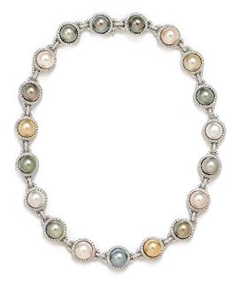 An 18 Karat White Gold, Cultured South Sea Pearl, Tahitian Pearl and Diamond Necklace, 55.95 dwts.