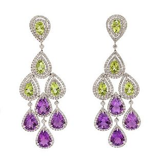 A Pair of 18 Karat White Gold, Diamond, Amethyst and Peridot Chandelier Earrings, 13.50 dwts.