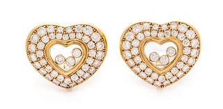 A Pair of 18 Karat Yellow Gold and Diamond 'Happy Diamonds' Heart Earclips, Chopard, 12.20 dwts.
