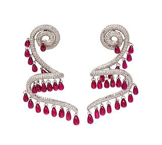 A Pair Rhodium Plated Gold, Ruby and Diamond Earrings, 15.80 dwts.