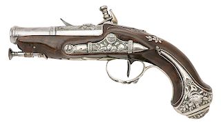 Unmarked Silver Mounted European Flintlock Pocket Pistol
