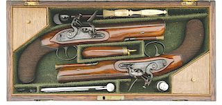 Fine Cased Pair of British Flintlock Coat Pistols by Mortimer
