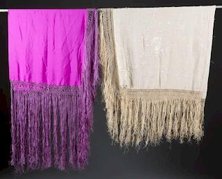 2 silk shawls with long fringe, first half 20th c.